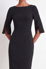 Black Bateau Neck Sheath Midi Formal Dress with Slit