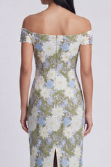 Off the Shoulder Cut Out Floral Green Wedding Guest Dress