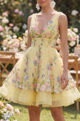 Yellow Floral A Line Mini Wedding Guest Dress