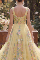 Floral Yellow A Line Embroidered Wedding Guest Dress