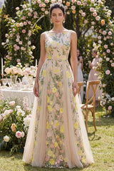 Bateau Neck Floral A Line Champagne Wedding Guest Dress