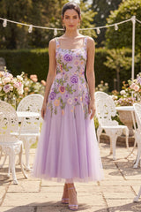 Lilac Embroidered Floral A Line Tulle Wedding Guest Dress