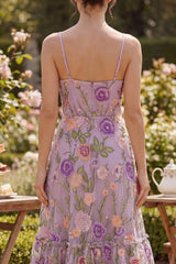 Floral A Line Embroidered Lilac Ruffled Wedding Guest Dress