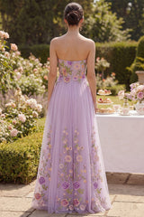 Strapless Floral Lilac A Line Embroidered Maxi Wedding Guest Dress