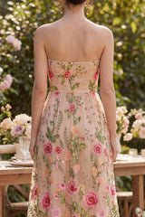 Strapless A Line Blush Floral Midi Wedding Guest Dress
