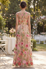 Cap Sleeve Blush Floral Embroidered Maxi Wedding Guest Dress