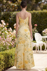 Printed A Line Yellow High Low Ruched Wedding Guest Dress