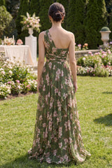 One Shoulder Dark Green A Line Printed Wedding Guest Dress with Slit