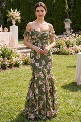 Mermaid Dark Green Off the Shoulder Ruffled Floral Wedding Guest Dress