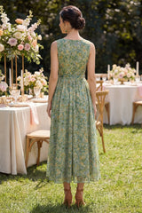Pleated A Line Dusty Green V Neck Wedding Guest Dress with Bow