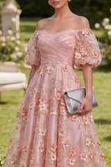Off the Shoulder Floral Pink Appliqued A Line Wedding Guest Dress
