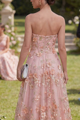 Strapless Floral Pink Appliqued A Line Maxi Wedding Guest Dress
