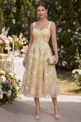 Floral A Line Light Yellow Spaghetti Straps Midi Wedding Guest Dress