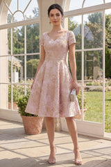 A Line Floral Blush Brocade Wedding Guest Dress with Short Sleeves