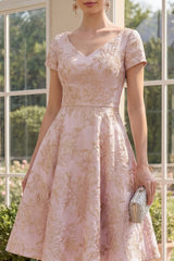 A Line Floral Blush Brocade Wedding Guest Dress with Short Sleeves