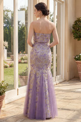 Strapless Mermaid Floral Brocade Dusty Lilac Maxi Wedding Guest Dress