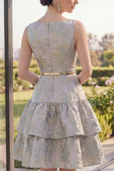 Tiered Floral Dusty Blue A Line Wedding Guest Dress with Belt