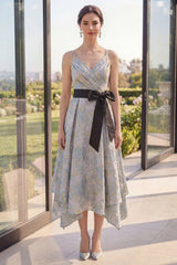Dusty Blue Floral A Line Ruched Midi Wedding Guest Dress with Bow