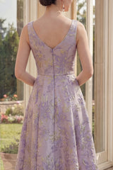 A Line Floral Brocade Dusty Lilac Midi Wedding Guest Dress