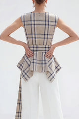 2 Piece Bateau Neck Grey Grid Women's Linen Suits with Belt