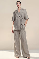 Notched Lapel 2 Piece Grey Women's Linen Suits with Half Sleeves