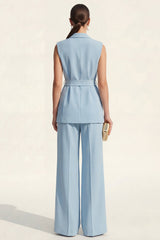 Blue 2 Piece Shawl Lapel Sleeveless Women's Linen Suits with Sash