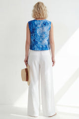 2 Piece Blue Printed Sleeveless Women's Linen Suits