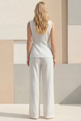 Sleeveless White 2 Piece Stripe Women's Linen Suits
