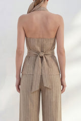Khaki Halter 2 Piece Women's Linen Suits with Sash