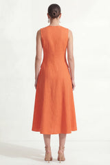 A Line Orange V Neck Sleeveless Midi Work Dress