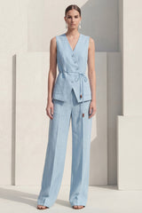 Blue 2 Piece Sleeveless Women's Linen Suits with Pockets