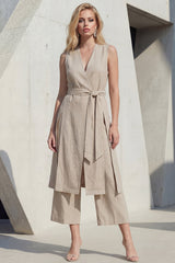 Khaki 2 Piece Sleeveless Women's Linen Suits with Sash