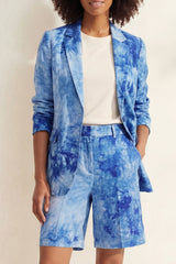 Notched Lapel Blue 2 Piece Printed Women's Linen Suits