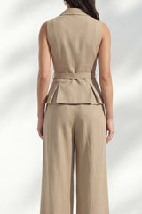 Khaki 2 Piece Notched Lapel Women's Linen Suits with Belt