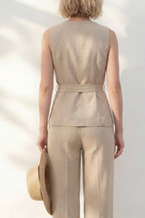 2 Piece Sleeveless Khaki Women's Linen Suits with Sash