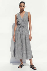 Grey A Line Sleeveless Midi Work Dress with Slit