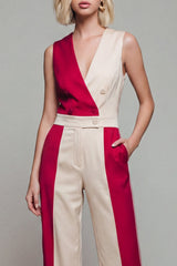 V Neck ColorBlock Light Khaki Women's Jumpsuits