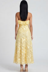 Strapless Ruffled A Line Floral Appliqued Yellow Wedding Guest Dress