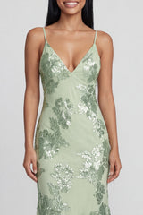 Mermaid Sequin Appliqued Sage Green Wedding Guest Dress