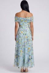 Off the Shoulder Floral Blue A Line Embroidered Wedding Guest Dress