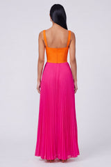 ColorBlock Orange and Fuchsia Pleated A Line Formal Dress