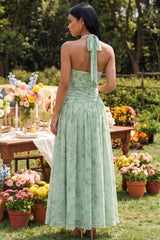 Halter A Line Ruched Pleated Dusty Sage Wedding Guest Dress