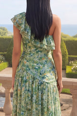 One Shoulder Dusty Green A Line Ruched Ruffled Wedding Guest Dress