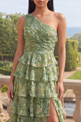 Tiered One Shoulder Dusty Green Ruched Wedding Guest Dress