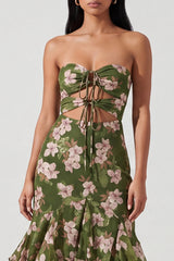 Strapless Cut Out Dark Green Floral Mermaid Wedding Guest Dress
