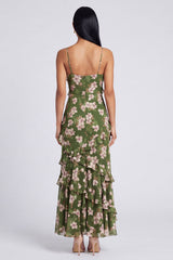 Dark Green Printed Ruffled Sheath Wedding Guest Dress