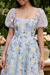 Floral Blue Square Neck A Line Mini Wedding Guest Dress