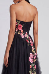 Strapless Floral Corset Pleated A Line Black Wedding Guest Dress