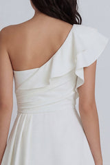One Shoulder Ruffled Ruched Mini White Dress