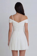 3D Flower Asymmetrical Neck A Line Ruched Mini White Dress